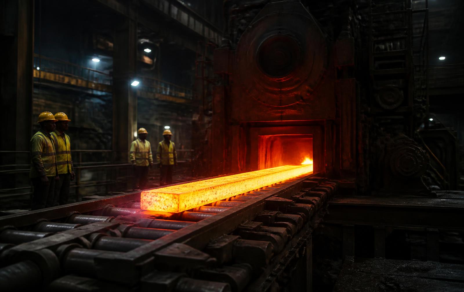 Red-hot steel billet leaving the rolling stands inside a steel mill in Kenya
