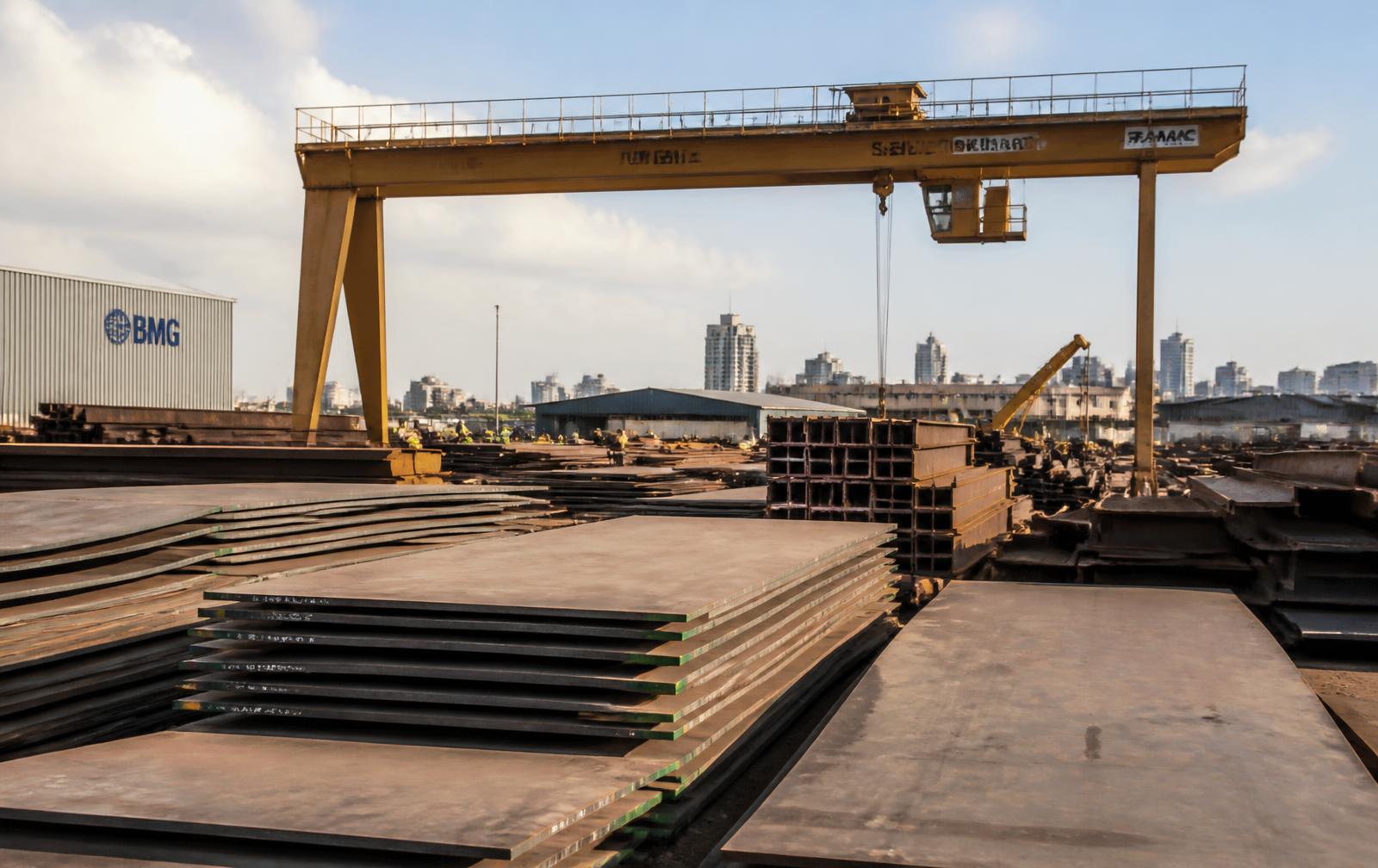 Stacked steel plate and structural sections under a gantry crane in a Dar es Salaam steel yard