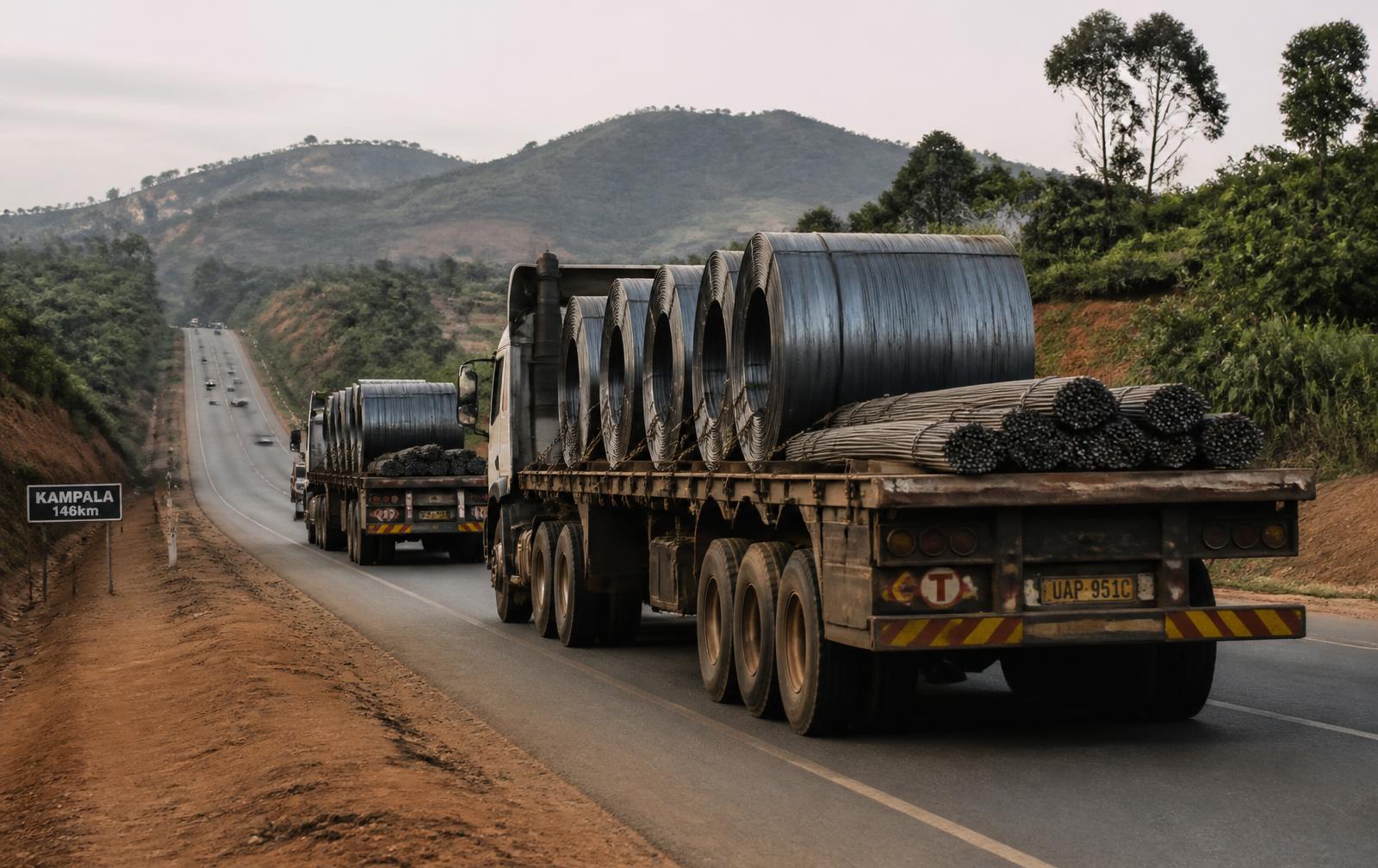 Trucks loaded with steel coil and rebar on the corridor road towards Kampala, Uganda
