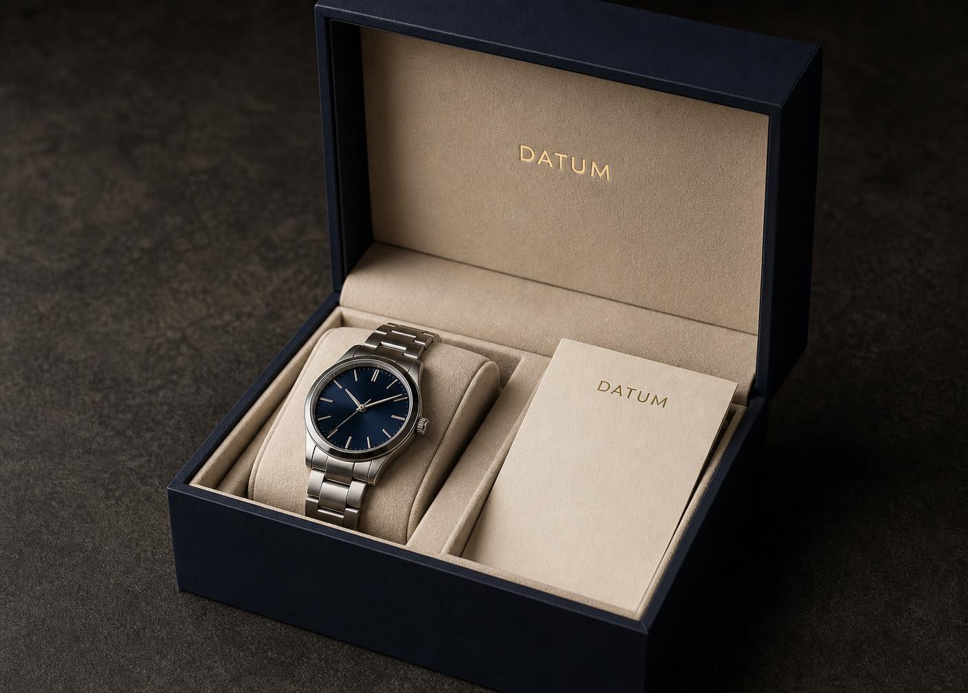 Navy presentation box containing a steel watch and a printed card