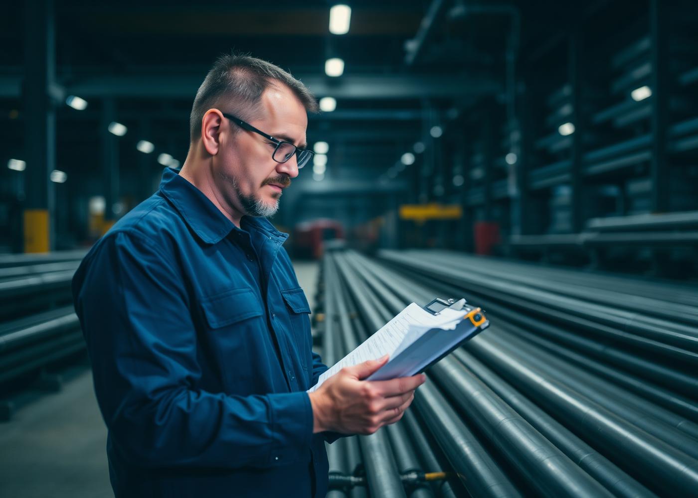 Inspector checking steel pipe stock in a factory