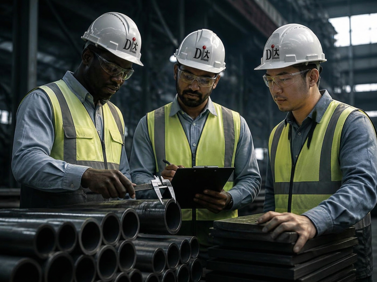 Quality inspector checking steel pipe stock